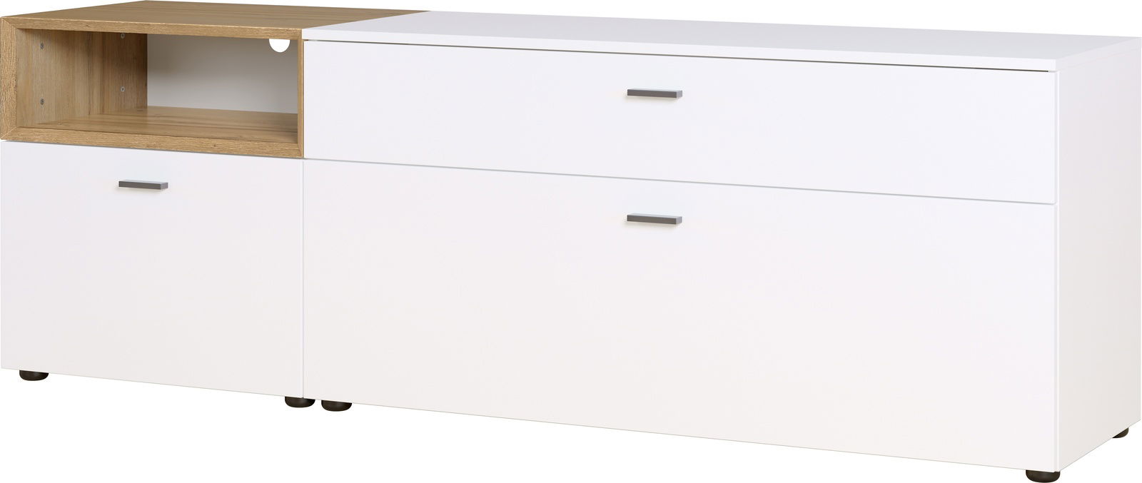 Modernes Lowboard in Weiß mit Holzdetails, Frontansicht