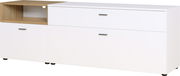 Modernes Lowboard in Weiß mit Holzdetails, Frontansicht