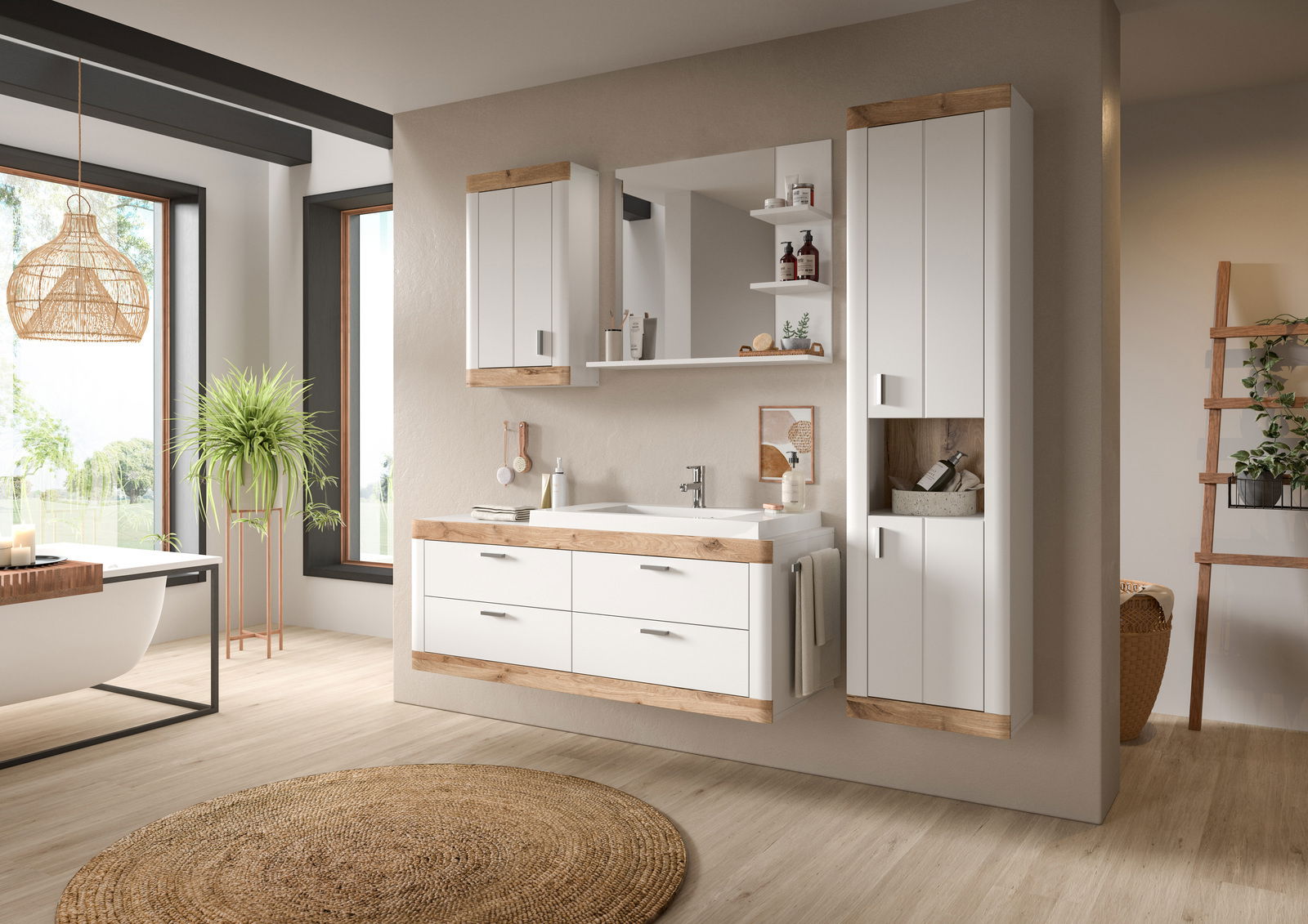 Moderne Badezimmermöbelkombination in heller Holzoptik mit Waschbeckenunterschrank, Hängeschrank und Spiegel, seitliche Perspektive