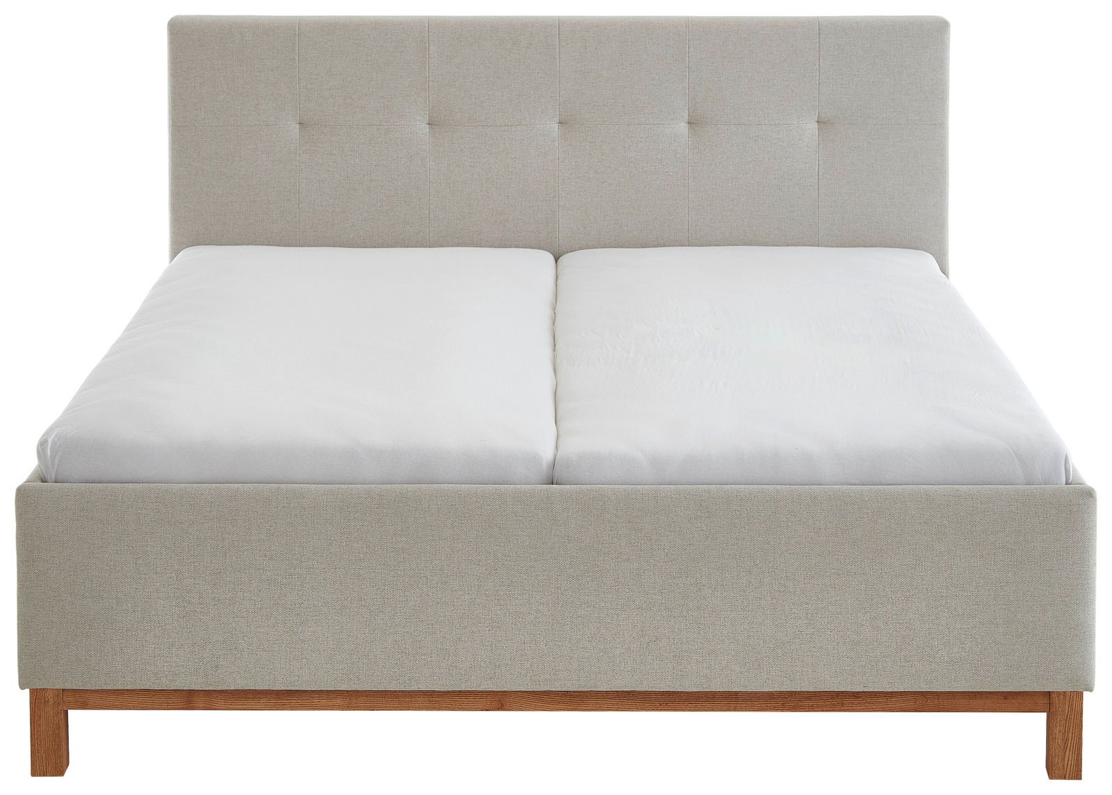 Frontale Ansicht eines modernen Polsterbetts mit hellem Stoffbezug und Holzfüßen.