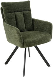 Grüner Armlehnstuhl mit gepolsterter Rückenlehne und schwarzen Metallbeinen, seitliche Perspektive