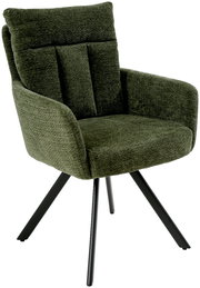 Grüner Armlehnstuhl mit gepolsterter Rückenlehne und schwarzen Metallbeinen, seitliche Perspektive