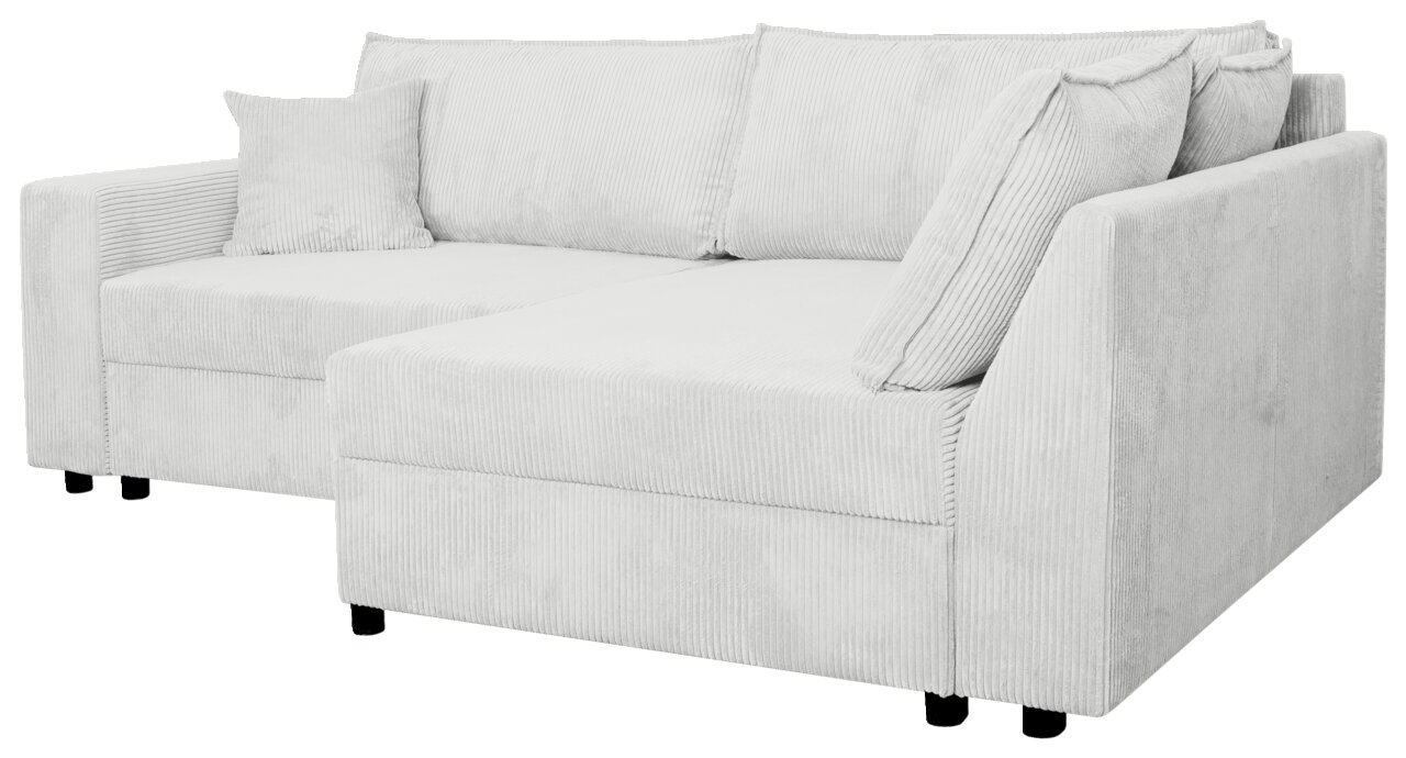 Helle Rundecke mit weichem Stoffbezug, seitliche Perspektive