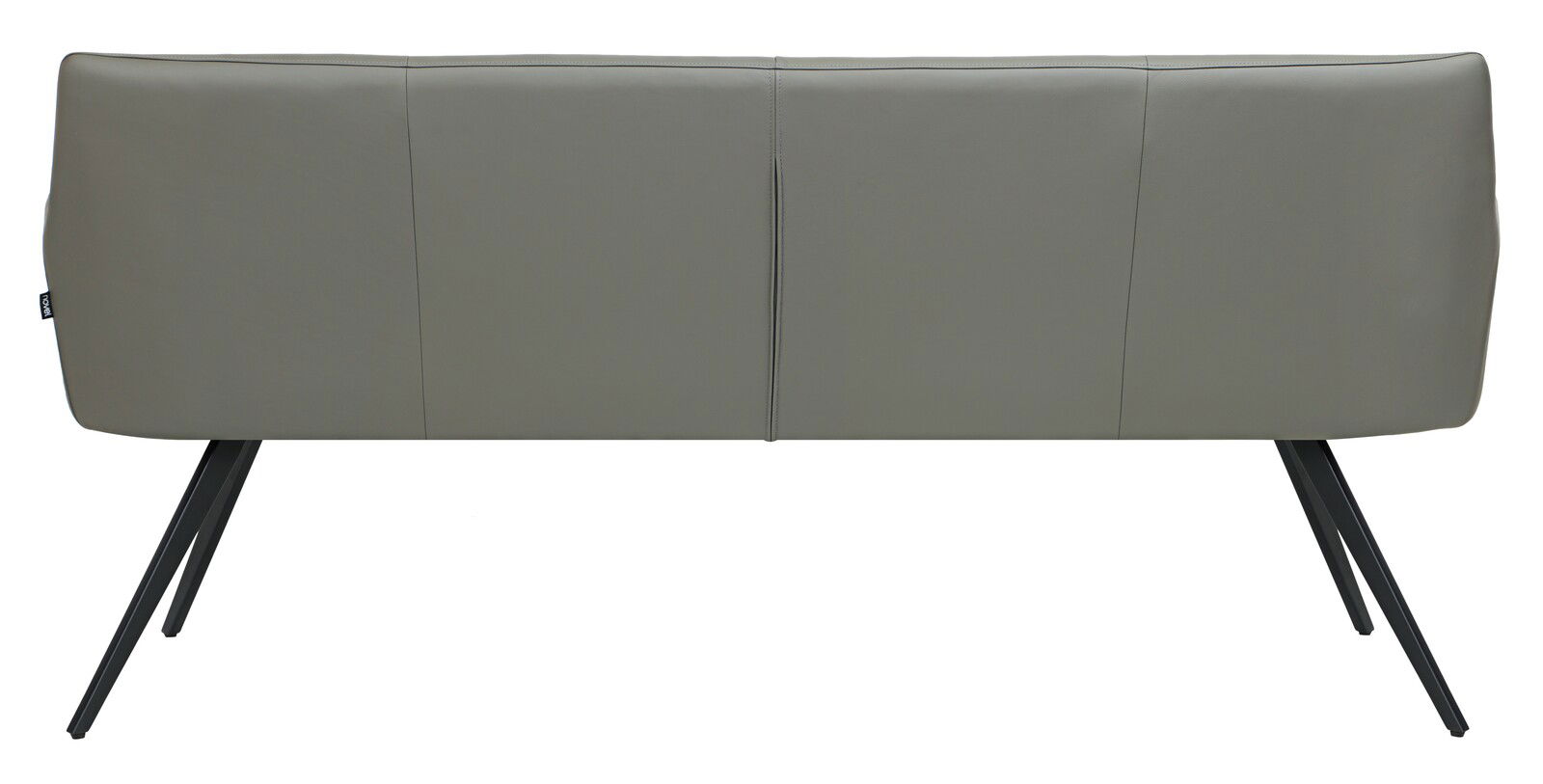 Rückansicht einer modernen grauen Bank mit schrägen schwarzen Metallbeinen.