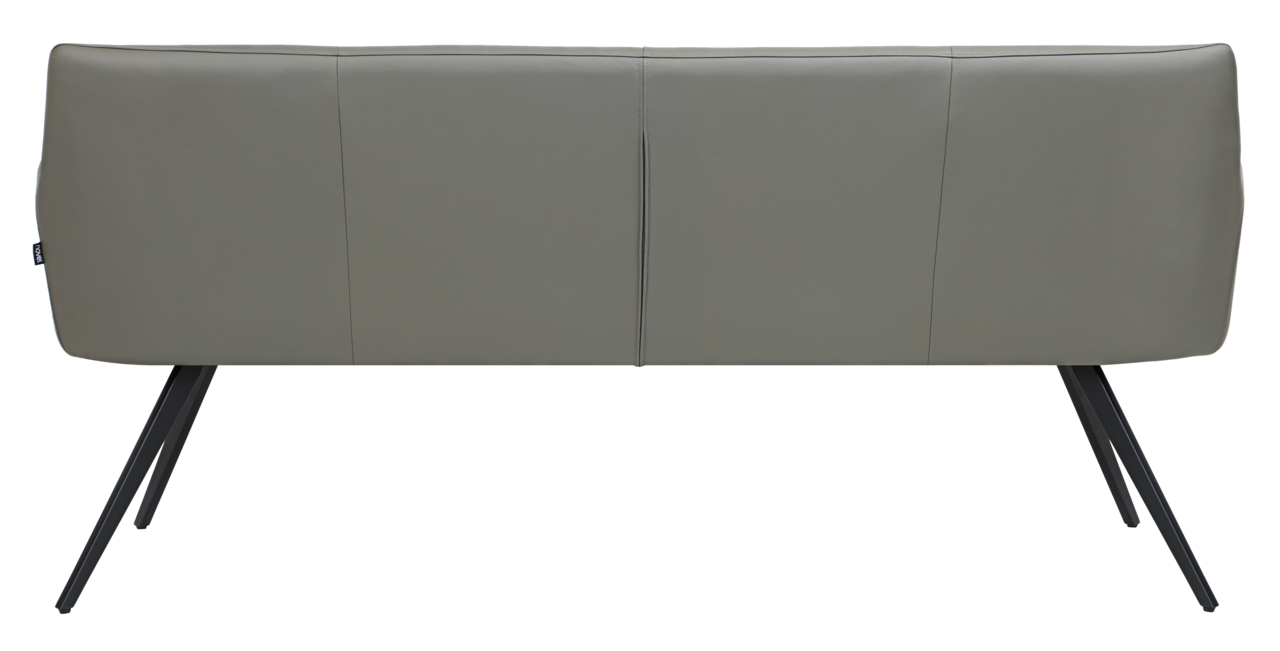 Rückansicht einer modernen grauen Bank mit schrägen schwarzen Metallbeinen.