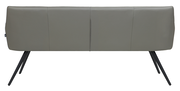 Rückansicht einer modernen grauen Bank mit schrägen schwarzen Metallbeinen.