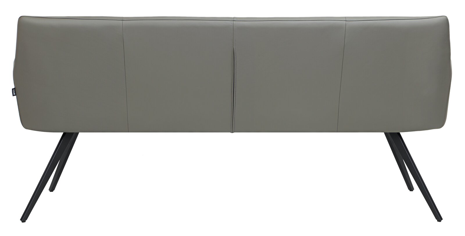 Rückansicht einer modernen grauen Bank mit schrägen schwarzen Metallbeinen.
