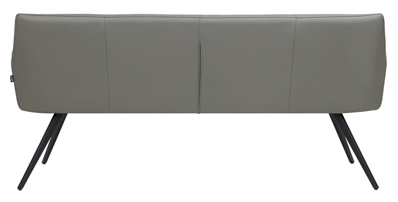Rückansicht einer modernen grauen Bank mit schrägen schwarzen Metallbeinen.