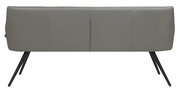 Rückansicht einer modernen grauen Bank mit schrägen schwarzen Metallbeinen.