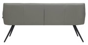 Rückansicht einer modernen grauen Bank mit schrägen schwarzen Metallbeinen.