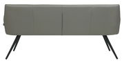 Rückansicht einer modernen grauen Bank mit schrägen schwarzen Metallbeinen.