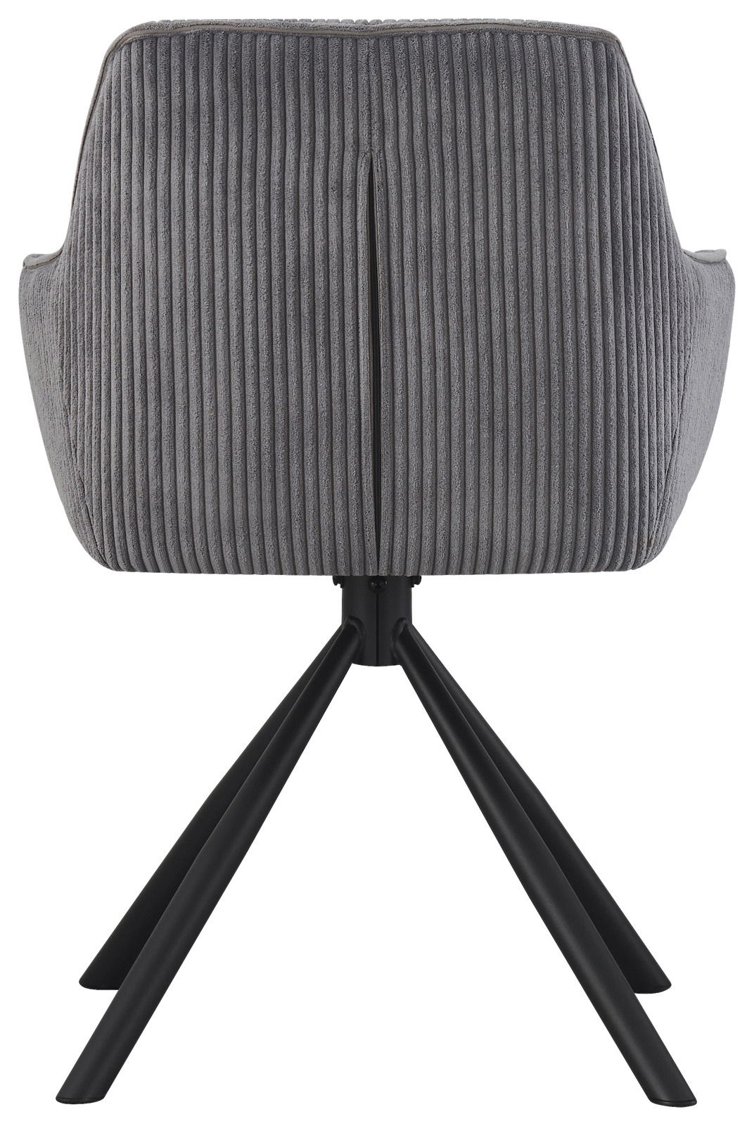 Z2 Armlehnstuhl LISA Rückansicht eines grauen Armlehnstuhls mit geripptem Stoffbezug und schwarzen Metallbeinen.