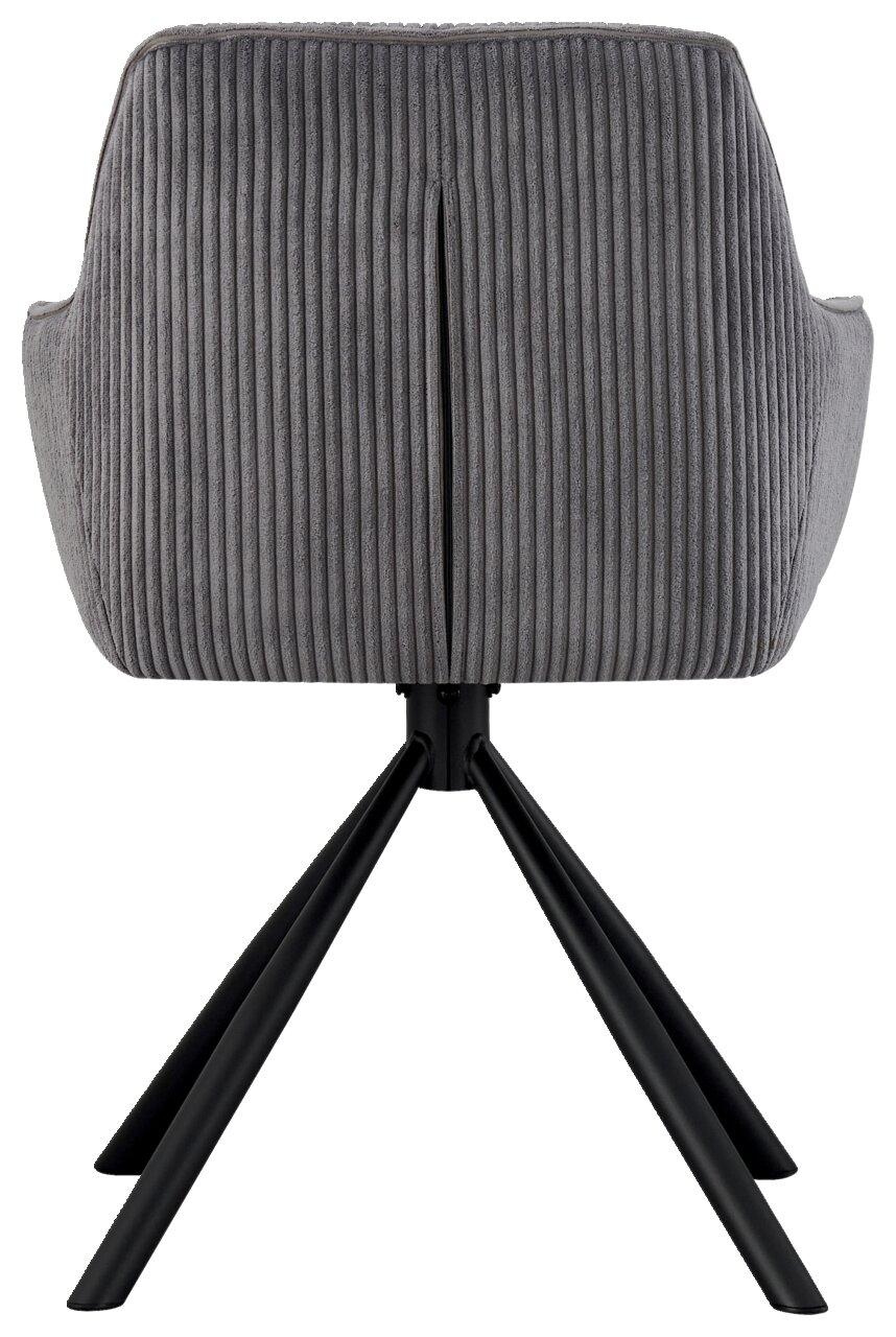 Z2 Armlehnstuhl LISA Rückansicht eines grauen Armlehnstuhls mit geripptem Stoffbezug und schwarzen Metallbeinen.