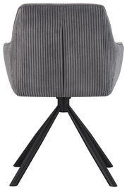 Rückansicht eines grauen Armlehnstuhls mit geripptem Stoffbezug und schwarzen Metallbeinen.