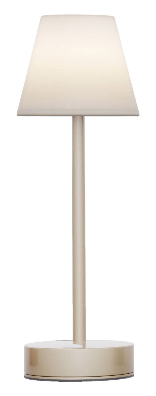 Akku-Tischleuchte LOLA slim in Frontalansicht, modernes Design mit schlankem Ständer und rundem Sockel.