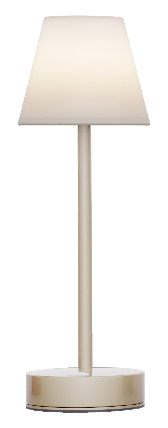Akku-Tischleuchte LOLA slim in Frontalansicht, modernes Design mit schlankem Ständer und rundem Sockel.