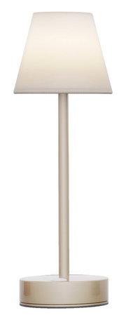 Akku-Tischleuchte LOLA slim in Frontalansicht, modernes Design mit schlankem Ständer und rundem Sockel.