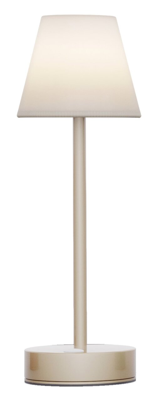 Akku-Tischleuchte LOLA slim in Frontalansicht, modernes Design mit schlankem Ständer und rundem Sockel.