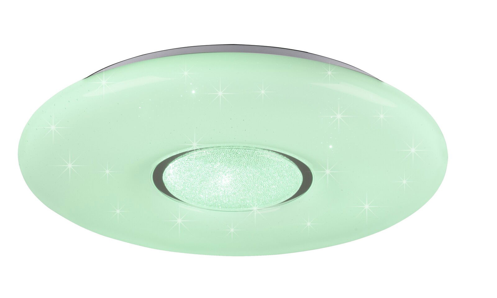 Runde, grün leuchtende Deckenleuchte mit funkelnden Sterneneffekten, von unten betrachtet.