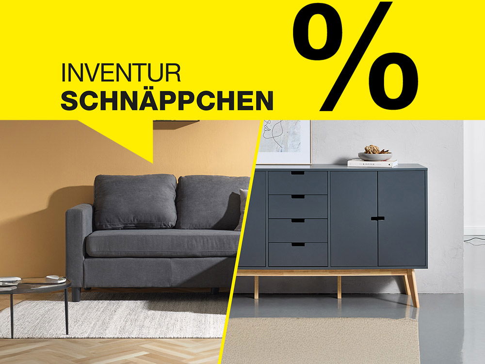 Werbebanner mit Sofa und Sideboard, Inventur-Schnäppchen bis zu 77 % Rabatt