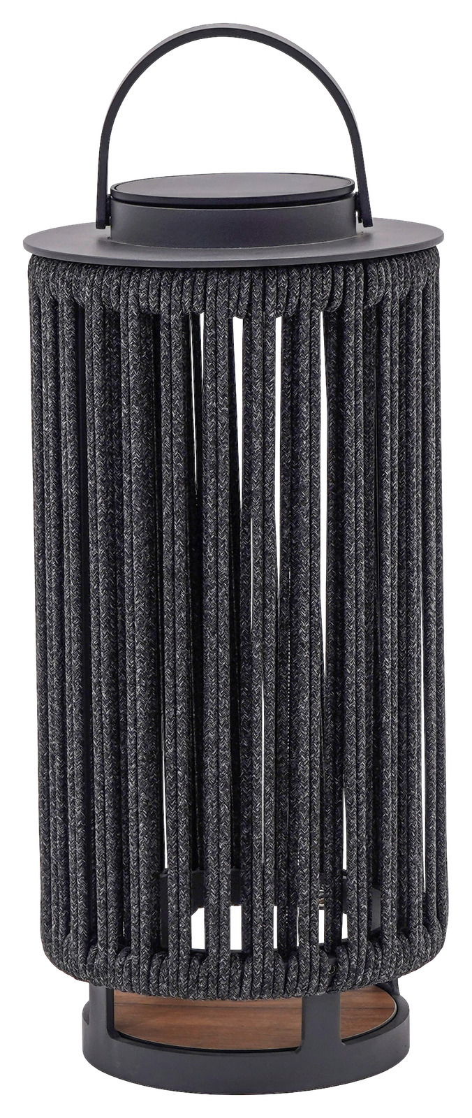 Schwarze Solarlampe mit geflochtenem Design und Tragegriff, seitliche Perspektive