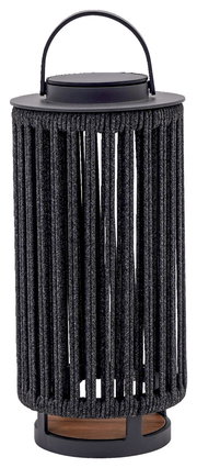 Schwarze Solarlampe mit geflochtenem Design und Tragegriff, seitliche Perspektive