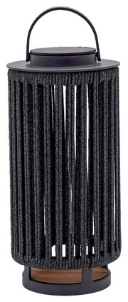 Schwarze Solarlampe mit geflochtenem Design und Tragegriff, seitliche Perspektive