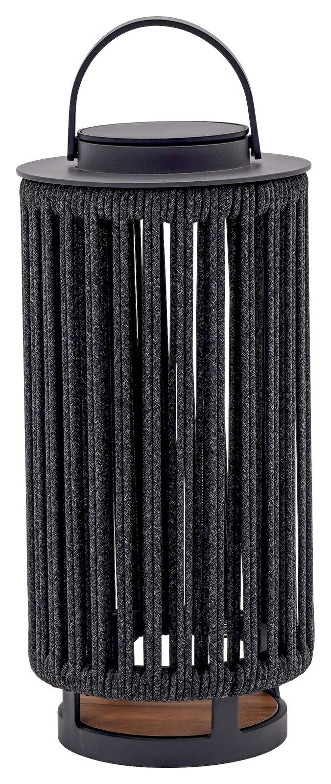 Schwarze Solarlampe mit geflochtenem Design und Tragegriff, seitliche Perspektive