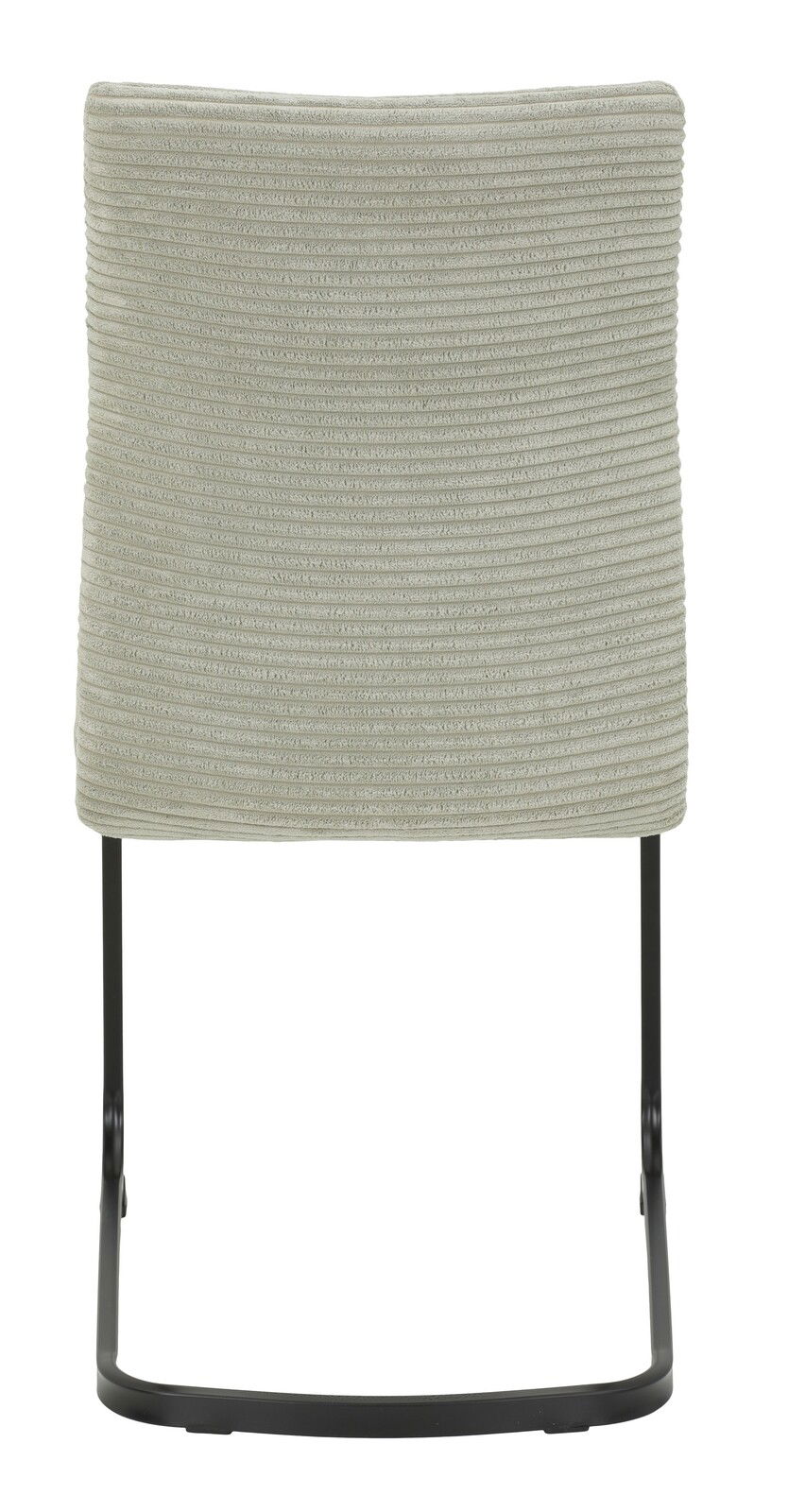 Rückansicht eines Schwingstuhls mit hellgrauem, geripptem Stoffbezug und schwarzem Metallgestell.