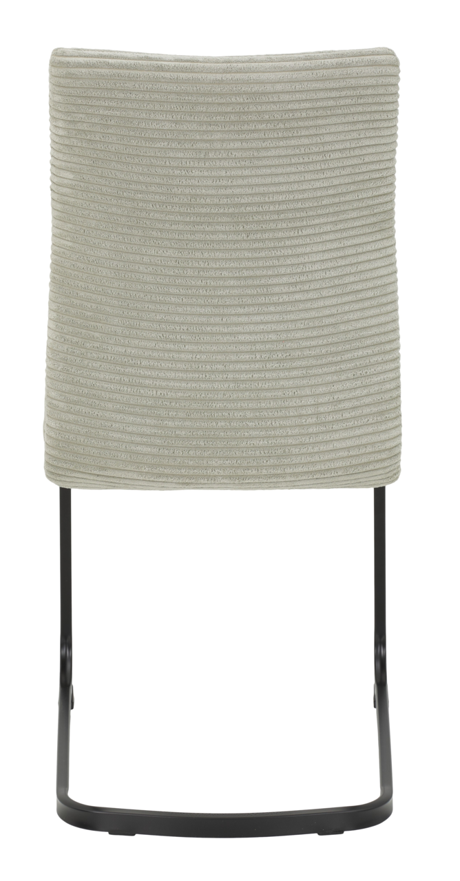 Rückansicht eines Schwingstuhls mit hellgrauem, geripptem Stoffbezug und schwarzem Metallgestell.