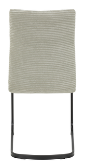 Rückansicht eines Schwingstuhls mit hellgrauem, geripptem Stoffbezug und schwarzem Metallgestell.