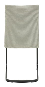 Rückansicht eines Schwingstuhls mit hellgrauem, geripptem Stoffbezug und schwarzem Metallgestell.