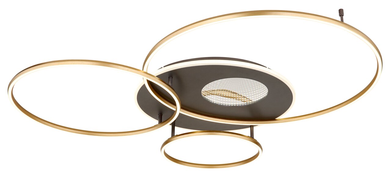 Moderne Deckenleuchte INVERTINA mit drei goldenen Ringen, seitliche Perspektive