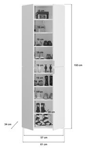 Weiße Garderobenkombination mit mehreren Regalfächern, gefüllt mit Schuhen und Boxen, frontal abgebildet. Maße: 193 cm hoch, 61 cm breit, 34 cm tief.