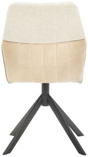 Rückansicht eines modernen Stuhls mit beigem Polster und schwarzem Metallgestell.