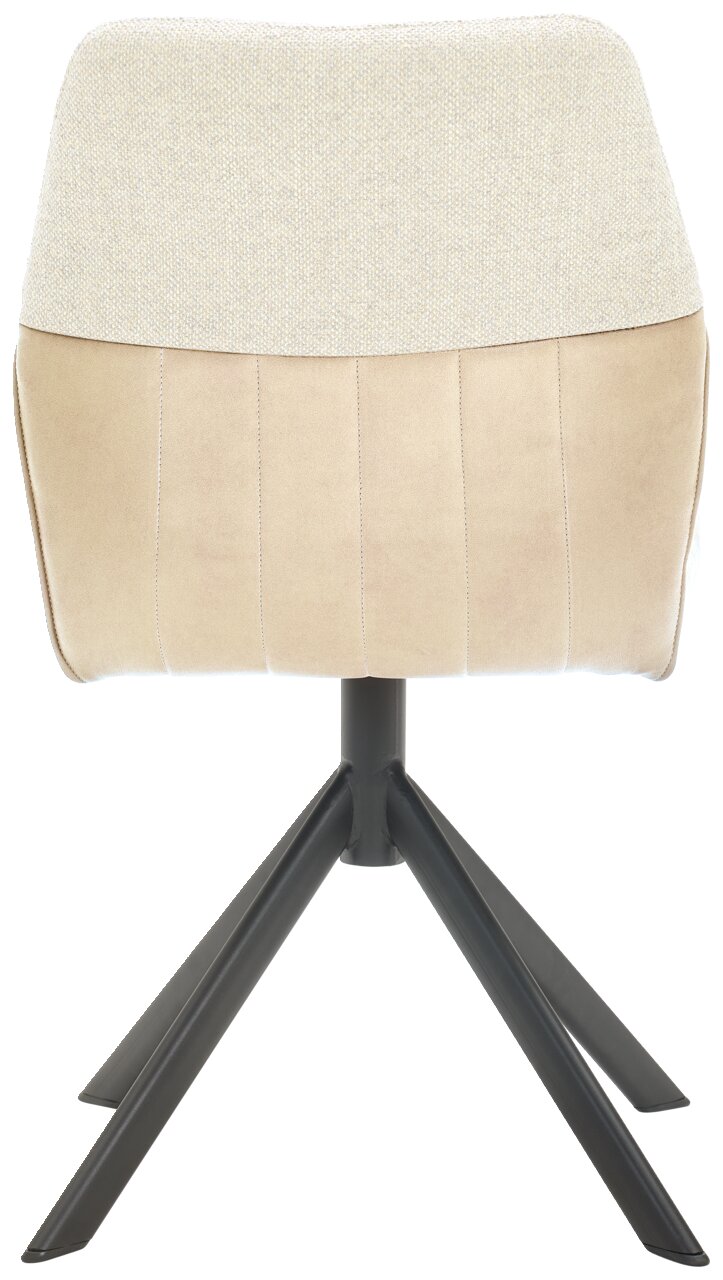 Rückansicht eines modernen Stuhls mit beigem Polster und schwarzem Metallgestell.