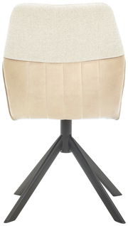 Rückansicht eines modernen Stuhls mit beigem Polster und schwarzem Metallgestell.