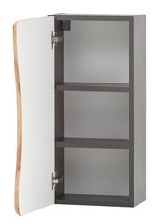 Offener Hängeschrank mit zwei Einlegeböden, weißer Tür und Holzdetails, seitliche Perspektive