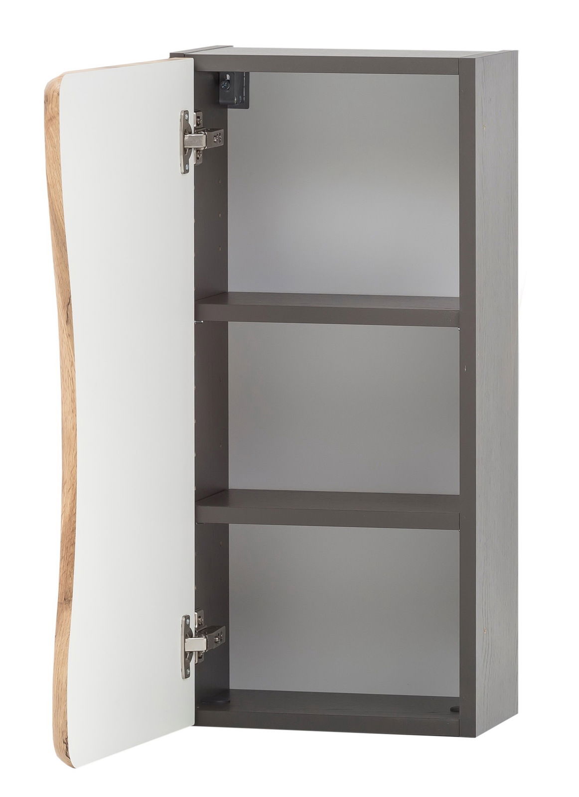 Offener Hängeschrank mit zwei Einlegeböden, weißer Tür und Holzdetails, seitliche Perspektive