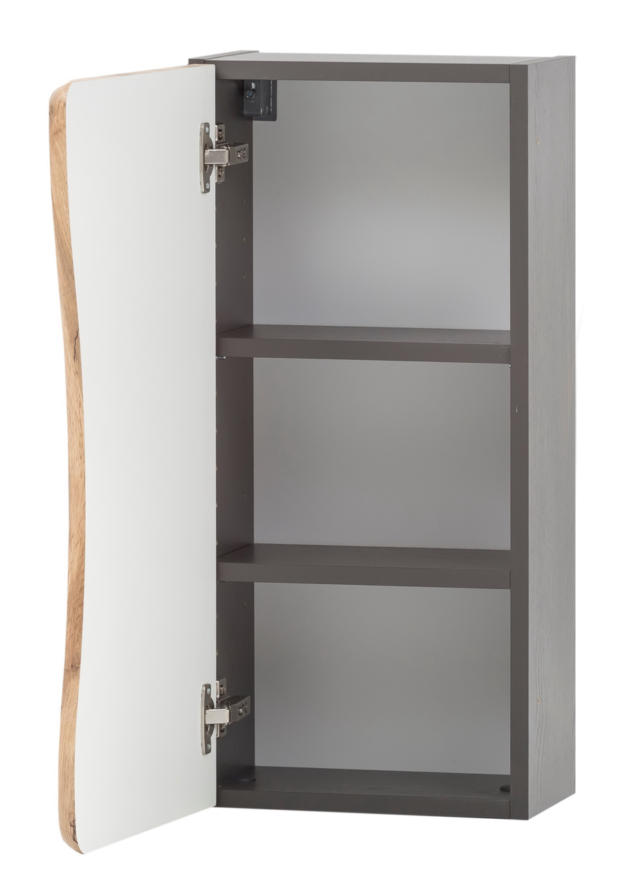 Offener Hängeschrank mit zwei Einlegeböden, weißer Tür und Holzdetails, seitliche Perspektive