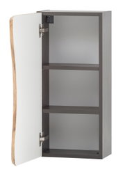 Offener Hängeschrank mit zwei Einlegeböden, weißer Tür und Holzdetails, seitliche Perspektive