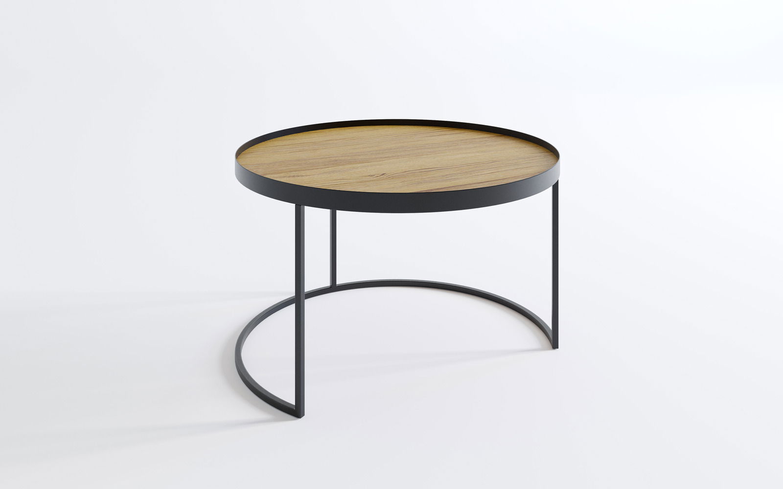 Moderner runder Couchtisch mit Holzplatte und schwarzem Metallgestell, seitliche Perspektive