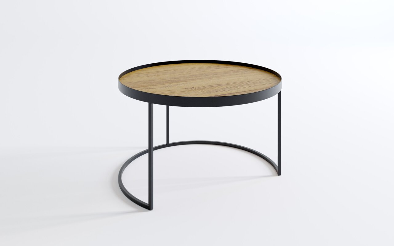 Moderner runder Couchtisch mit Holzplatte und schwarzem Metallgestell, seitliche Perspektive