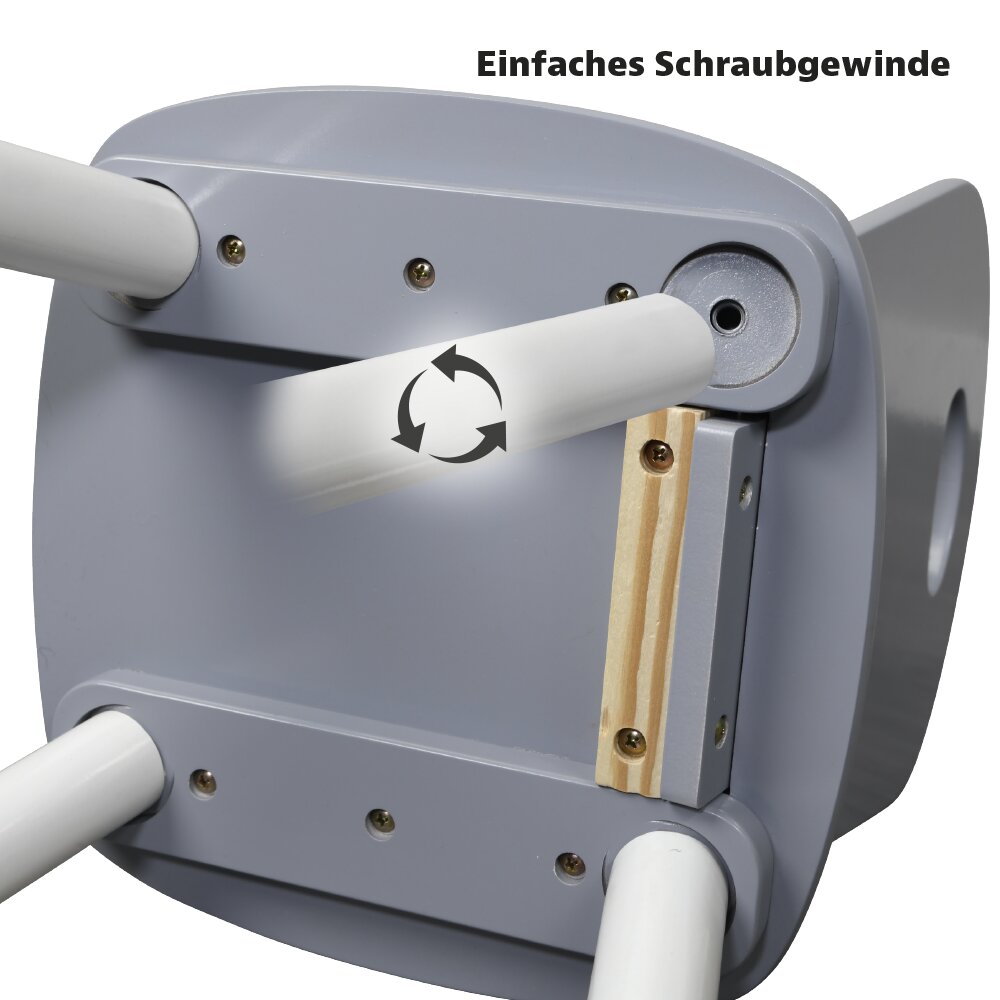Onderaanzicht van een grijze kindertafel met een eenvoudige schroefdraad voor het bevestigen van de tafelpoten.