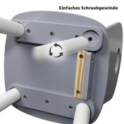 Unteransicht eines grauen Kindertisches mit einfachem Schraubgewinde zur Befestigung der Tischbeine.