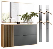 Modernes Garderoben-Set mit Spiegel, bestehend aus einem hölzernen Schrank mit schwarzen Fronten und vertikalen Streifen, einem großen Spiegel darüber und zwei schmalen Wandpaneelen mit Kleiderhaken. Perspektive: Frontalansicht.