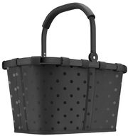 Schwarzer Einkaufskorb mit glänzenden Punkten und stabilem Griff, seitliche Perspektive