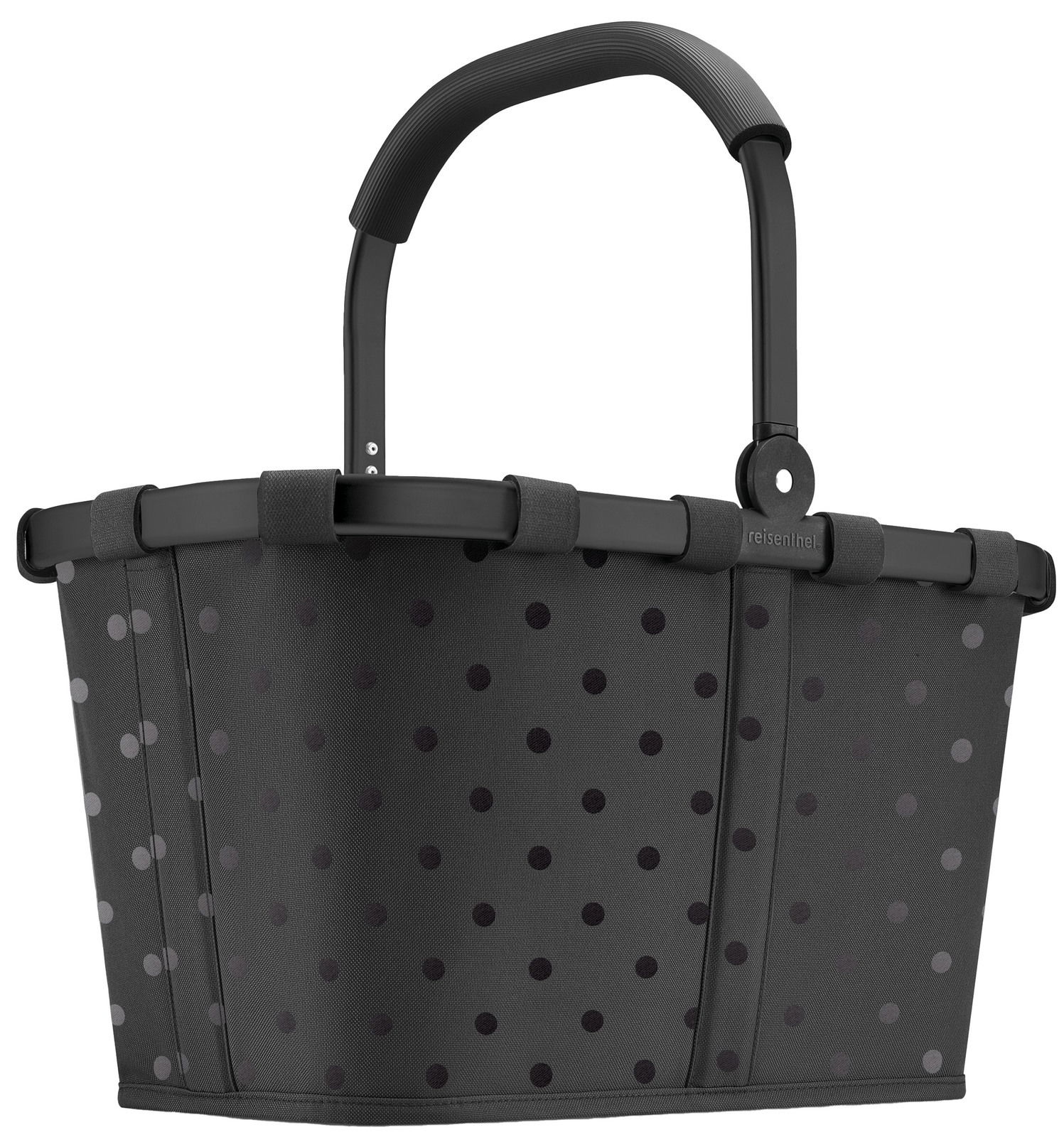 Schwarzer Einkaufskorb mit glänzenden Punkten und stabilem Griff, seitliche Perspektive