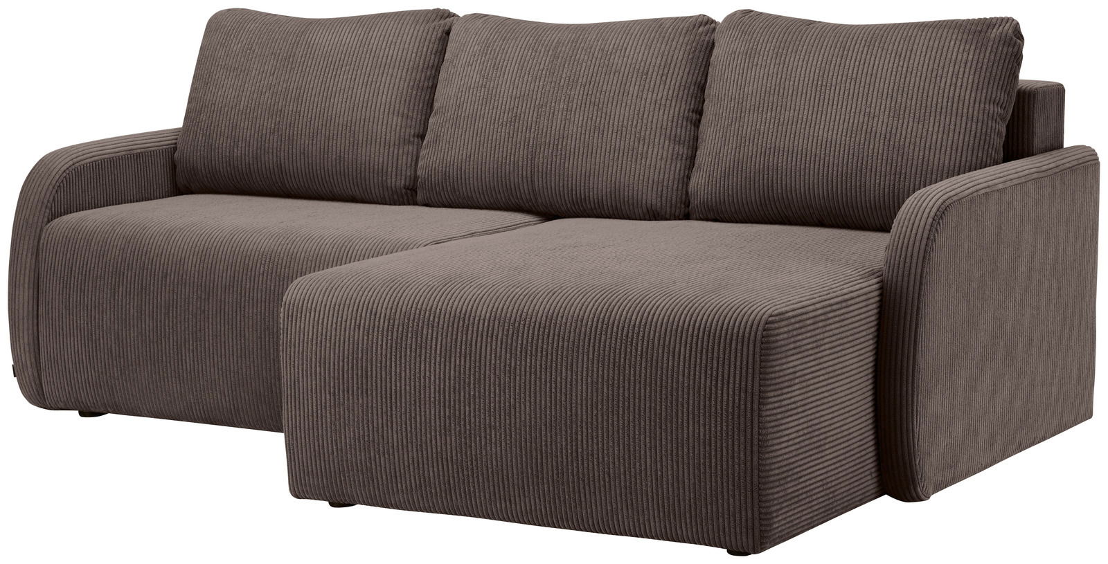 Braune Rundecke mit drei Kissen, aus einer schrägen Perspektive von vorne links betrachtet.