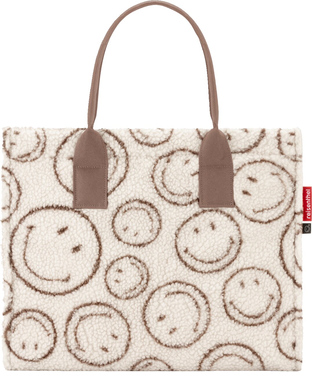 Flauschige Tote-Bag aus Teddy-Stoff in Creme mit braunem Smiley-Allover-Print und zwei braunen Tragehenkeln, frontal vor weißem Hintergrund abgebildet.